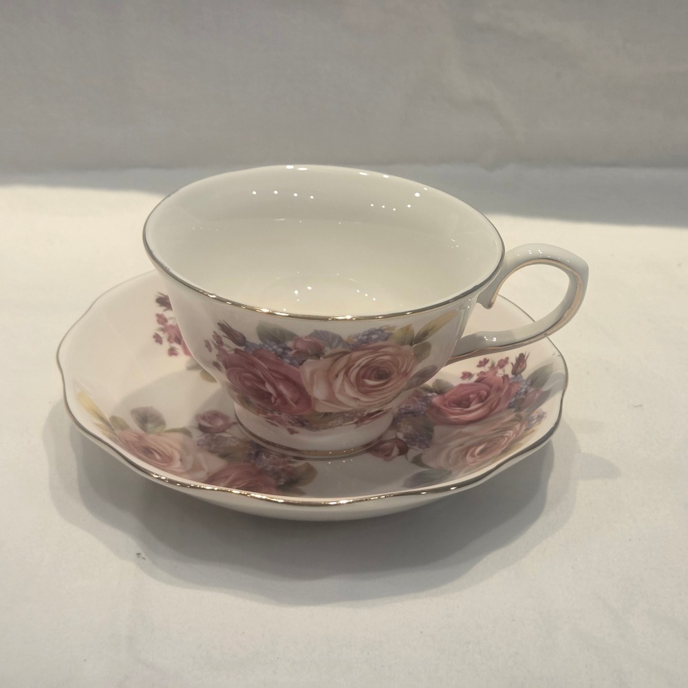 Grace Teaware Fine Porcelain Teacup and Saucer Set Pink Rose Floral Gold Trim